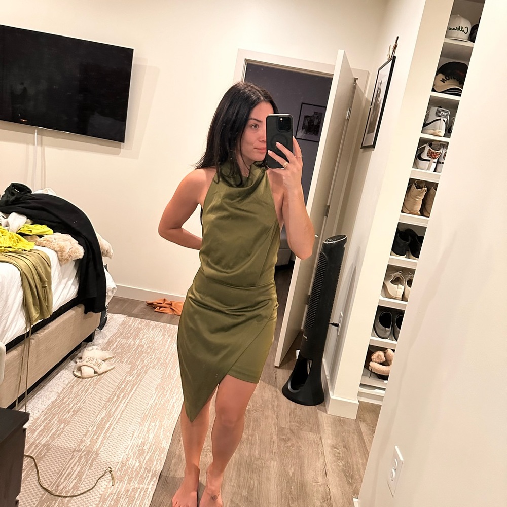 Olive green asymmetrical high neck mini dress size small